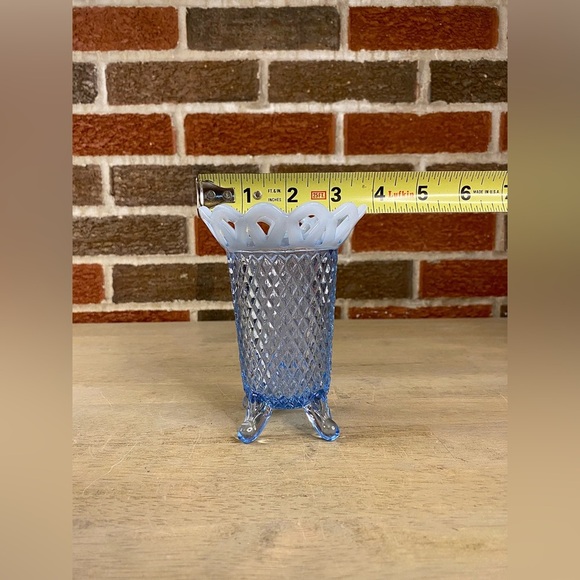 Vtg Imperial Glass Blue Vase Diamond Point 1930 Katy Opalescent Open Lace Edge - Picture 8 of 8